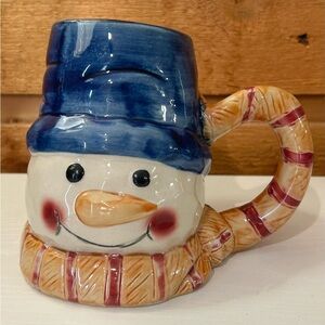 Vintage Ceramic Snowman Holiday Christmas Coffee Mug Cup Blue Hat Scarf Handle